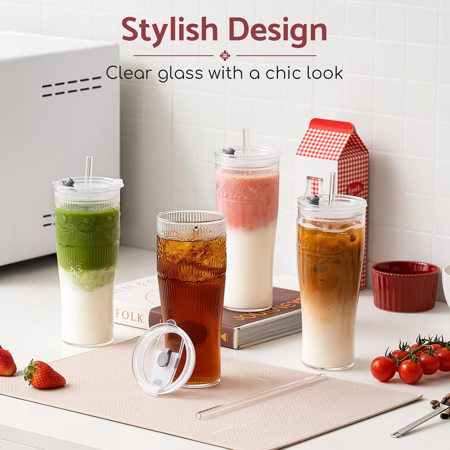 Glass Tumbler, 20 oz Iced Coffee Cup with Straw and Lid | Daisy pattern design, 2-in-1 leakproof lid, reusable glass design for iced coffee, tea & smoothies, for home, office & travel