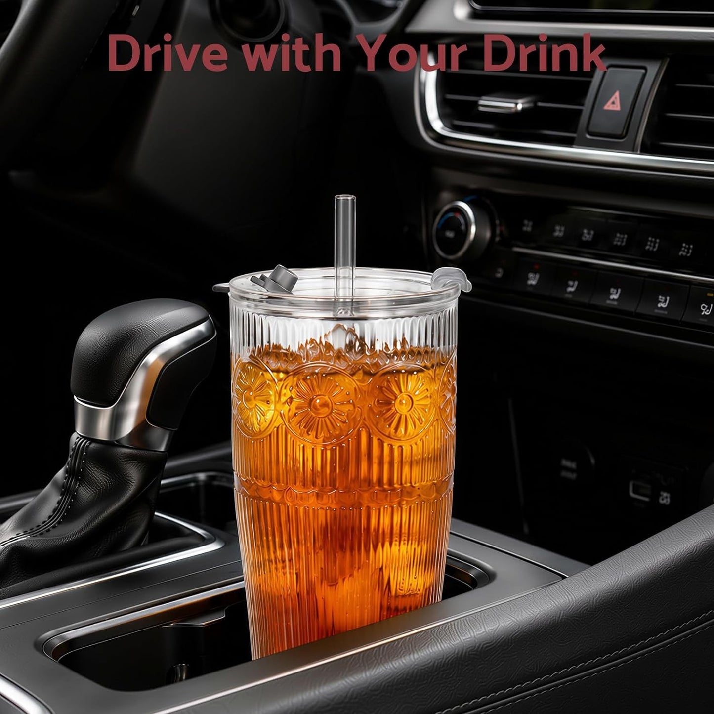 Glass Tumbler, 20 oz Iced Coffee Cup with Straw and Lid | Daisy pattern design, 2-in-1 leakproof lid, reusable glass design for iced coffee, tea & smoothies, for home, office & travel