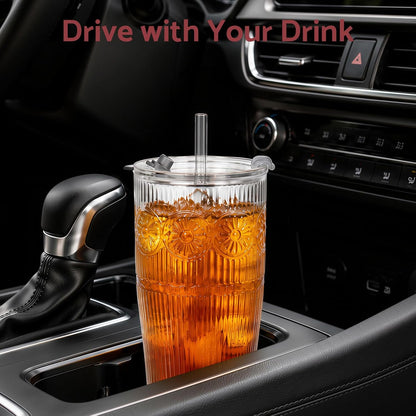 Glass Tumbler, 20 oz Iced Coffee Cup with Straw and Lid | Daisy pattern design, 2-in-1 leakproof lid, reusable glass design for iced coffee, tea & smoothies, for home, office & travel