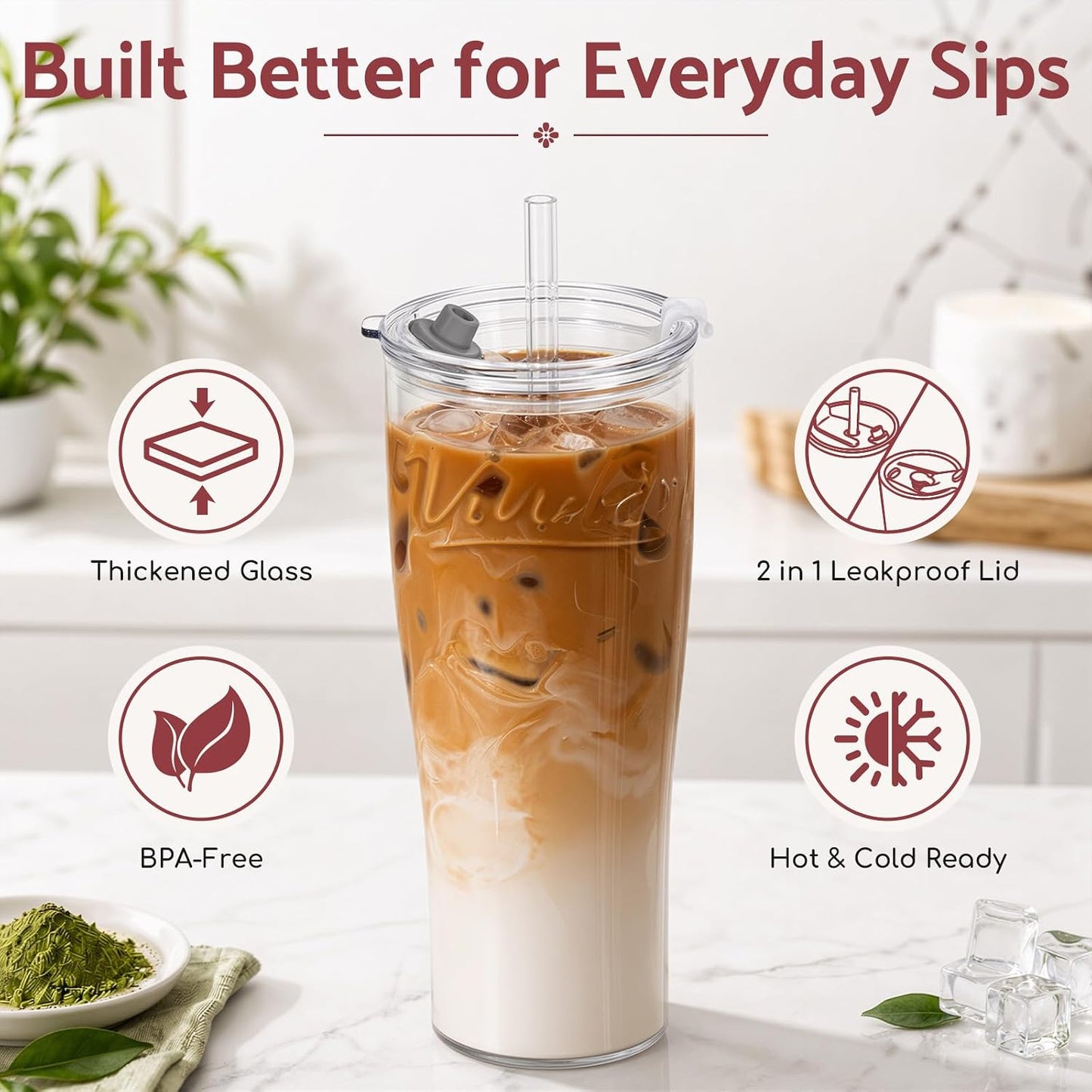 Glass Tumbler, 20 oz Iced Coffee Cup with Straw and Lid | Daisy pattern design, 2-in-1 leakproof lid, reusable glass design for iced coffee, tea & smoothies, for home, office & travel