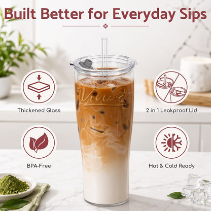 Glass Tumbler, 20 oz Iced Coffee Cup with Straw and Lid | Daisy pattern design, 2-in-1 leakproof lid, reusable glass design for iced coffee, tea & smoothies, for home, office & travel