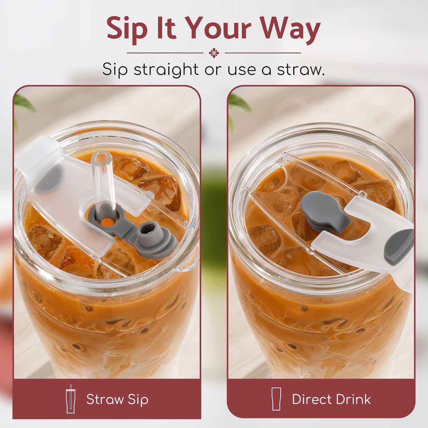 Glass Tumbler, 20 oz Iced Coffee Cup with Straw and Lid | Daisy pattern design, 2-in-1 leakproof lid, reusable glass design for iced coffee, tea & smoothies, for home, office & travel