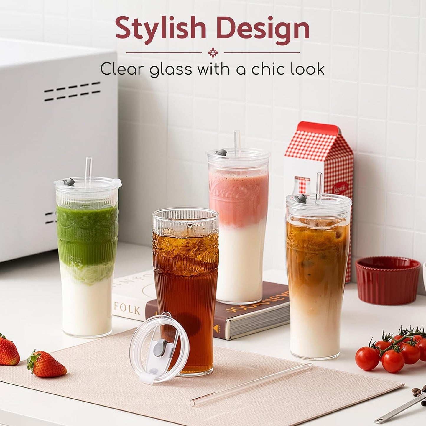 Glass Tumbler, 20 oz Iced Coffee Cup with Straw and Lid | Daisy pattern design, 2-in-1 leakproof lid, reusable glass design for iced coffee, tea & smoothies, for home, office & travel