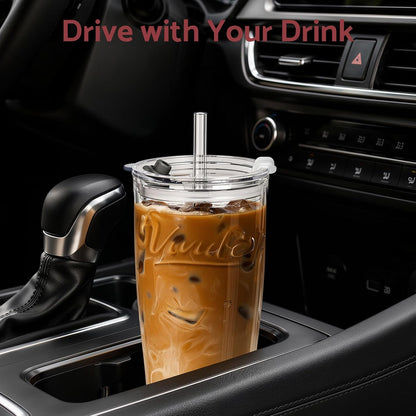 Glass Tumbler, 20 oz Iced Coffee Cup with Straw and Lid | Daisy pattern design, 2-in-1 leakproof lid, reusable glass design for iced coffee, tea & smoothies, for home, office & travel
