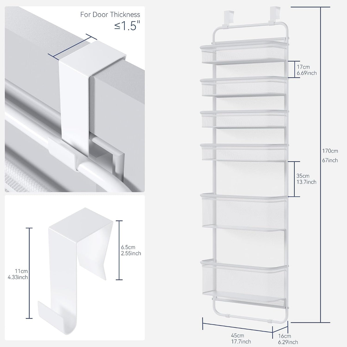 Over The Door Organizer Storage, 6 Tier Heavy Duty Hanging Door Organizer with Metal Frame & Mesh Baskets for Pantry, Bathroom, Closet, 17.7" W x 7.9" D x 67" H, Accessory Organizer