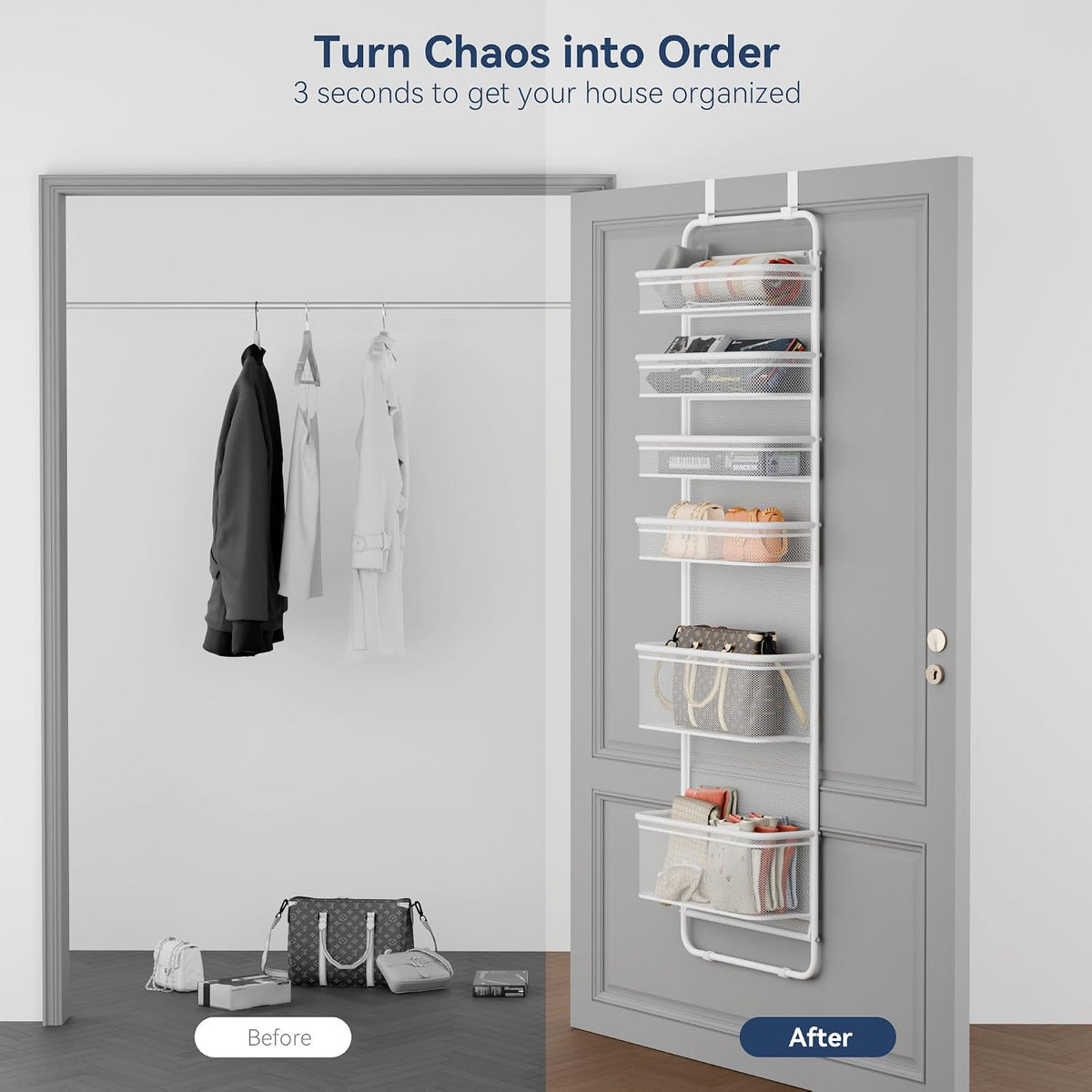 Over The Door Organizer Storage, 6 Tier Heavy Duty Hanging Door Organizer with Metal Frame & Mesh Baskets for Pantry, Bathroom, Closet, 17.7" W x 7.9" D x 67" H, Accessory Organizer
