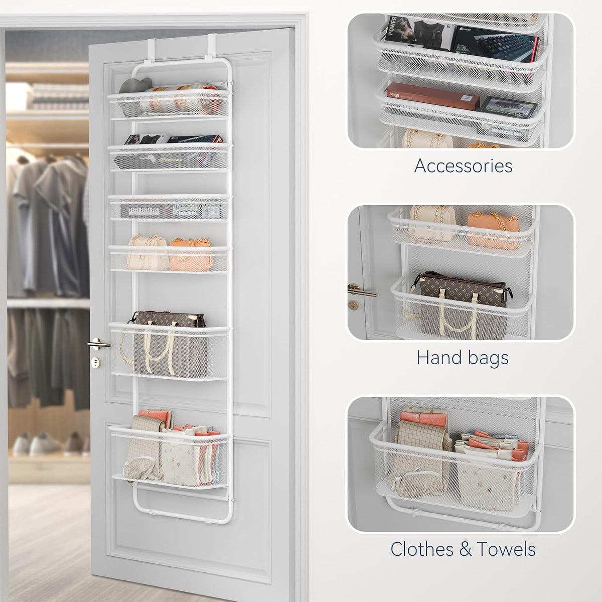 Over The Door Organizer Storage, 6 Tier Heavy Duty Hanging Door Organizer with Metal Frame & Mesh Baskets for Pantry, Bathroom, Closet, 17.7" W x 7.9" D x 67" H, Accessory Organizer