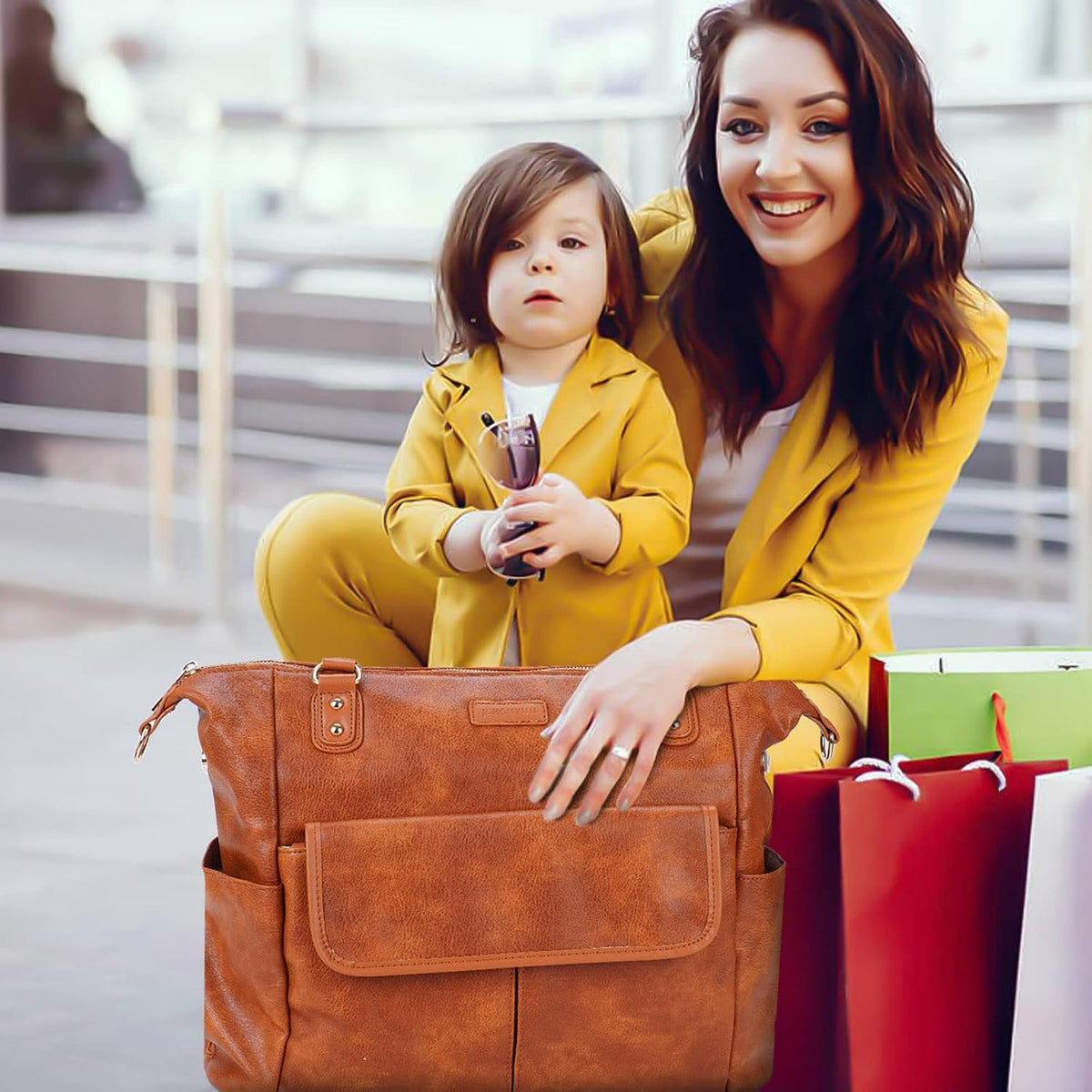 Diaper Bag Tote Fashion Leather Diaper Bag Backpack with 13 Pockets for Mom Dad, Large Travel Baby Bag Purse for Boys Girls with 3 Insulated Pockets, Changing Station - Brown