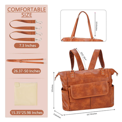 Diaper Bag Tote Fashion Leather Diaper Bag Backpack with 13 Pockets for Mom Dad, Large Travel Baby Bag Purse for Boys Girls with 3 Insulated Pockets, Changing Station - Brown