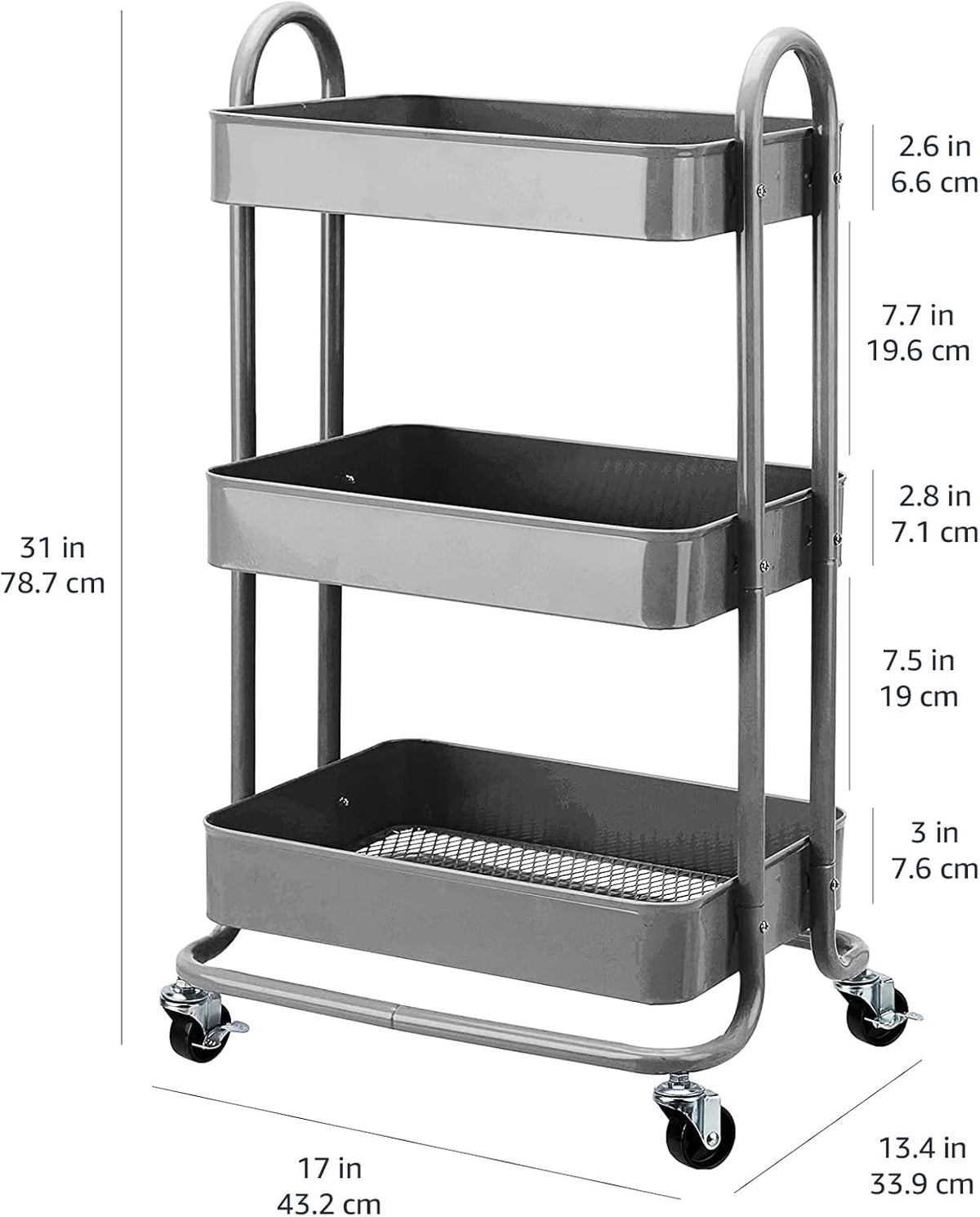 3-Tier Rolling Utility Cart, Storage Organizer, Lockable Wheels, Multifunctional Storage, Portable Mobile Shelving Unit, White