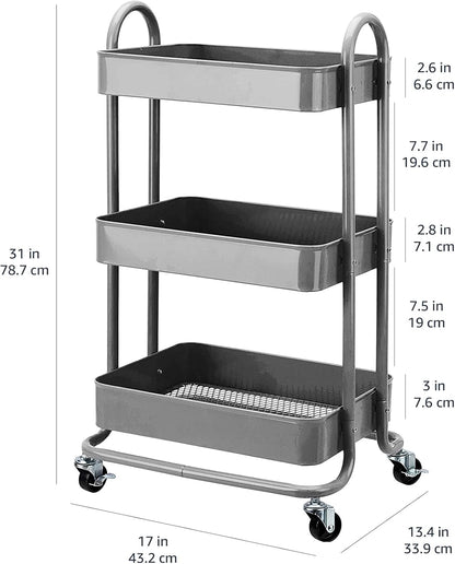 3-Tier Rolling Utility Cart, Storage Organizer, Lockable Wheels, Multifunctional Storage, Portable Mobile Shelving Unit, White