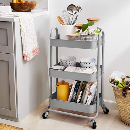 3-Tier Rolling Utility Cart, Storage Organizer, Lockable Wheels, Multifunctional Storage, Portable Mobile Shelving Unit, White