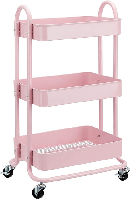 3-Tier Rolling Utility Cart, Storage Organizer, Lockable Wheels, Multifunctional Storage, Portable Mobile Shelving Unit, White
