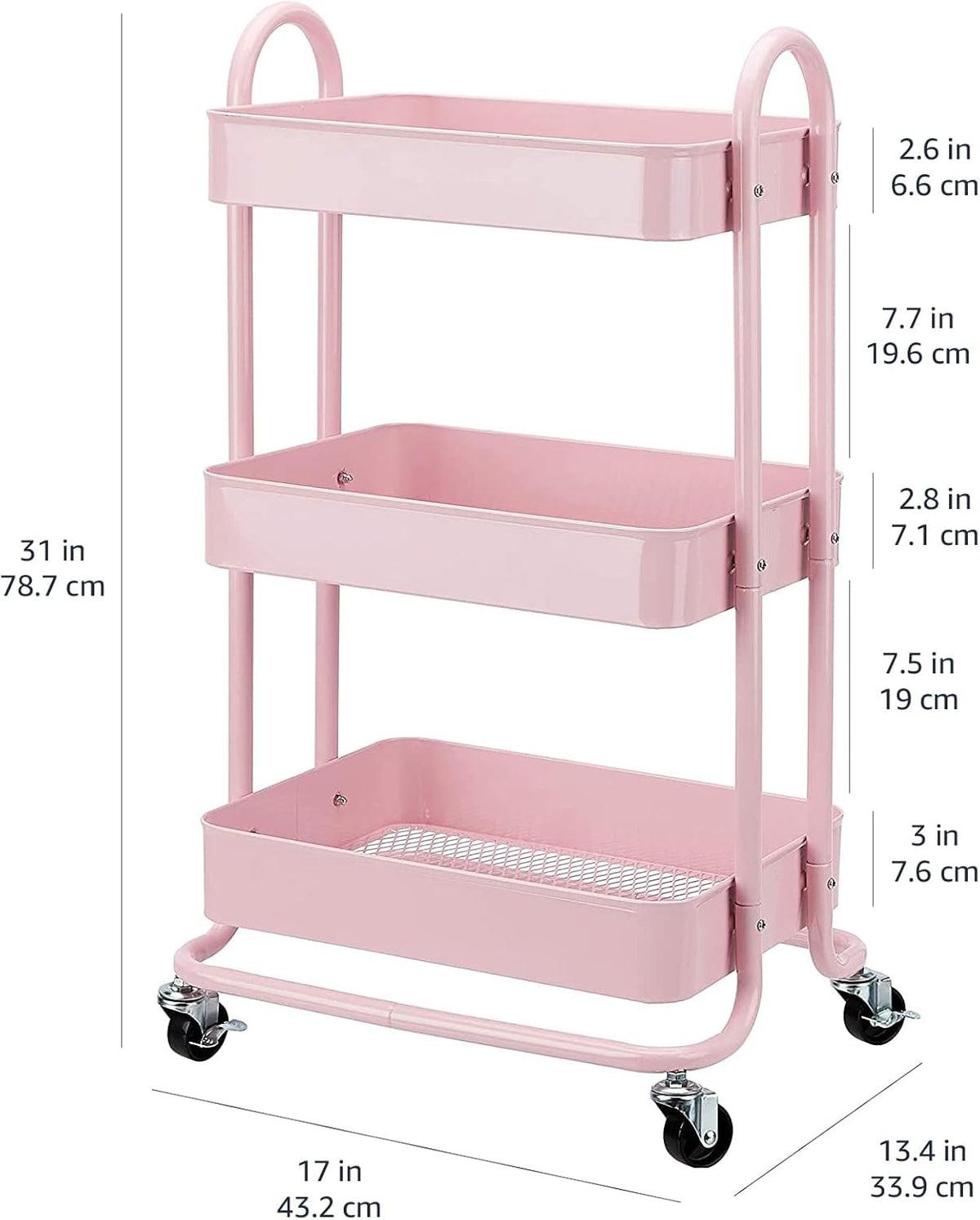 3-Tier Rolling Utility Cart, Storage Organizer, Lockable Wheels, Multifunctional Storage, Portable Mobile Shelving Unit, White