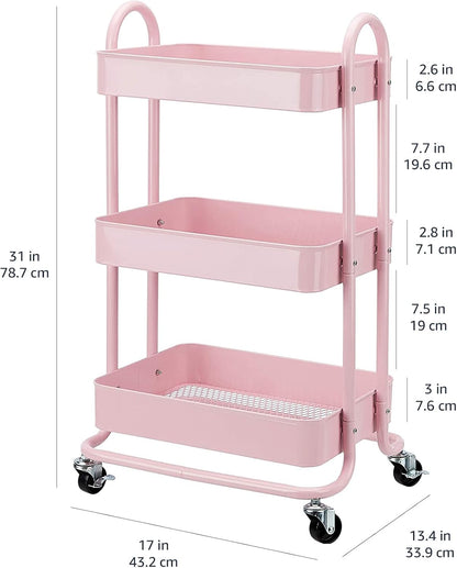3-Tier Rolling Utility Cart, Storage Organizer, Lockable Wheels, Multifunctional Storage, Portable Mobile Shelving Unit, White