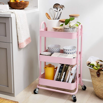 3-Tier Rolling Utility Cart, Storage Organizer, Lockable Wheels, Multifunctional Storage, Portable Mobile Shelving Unit, White