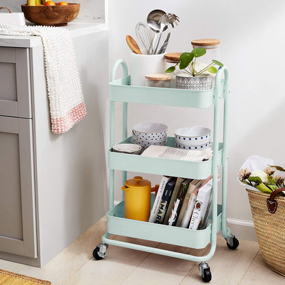3-Tier Rolling Utility Cart, Storage Organizer, Lockable Wheels, Multifunctional Storage, Portable Mobile Shelving Unit, White