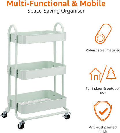 3-Tier Rolling Utility Cart, Storage Organizer, Lockable Wheels, Multifunctional Storage, Portable Mobile Shelving Unit, White