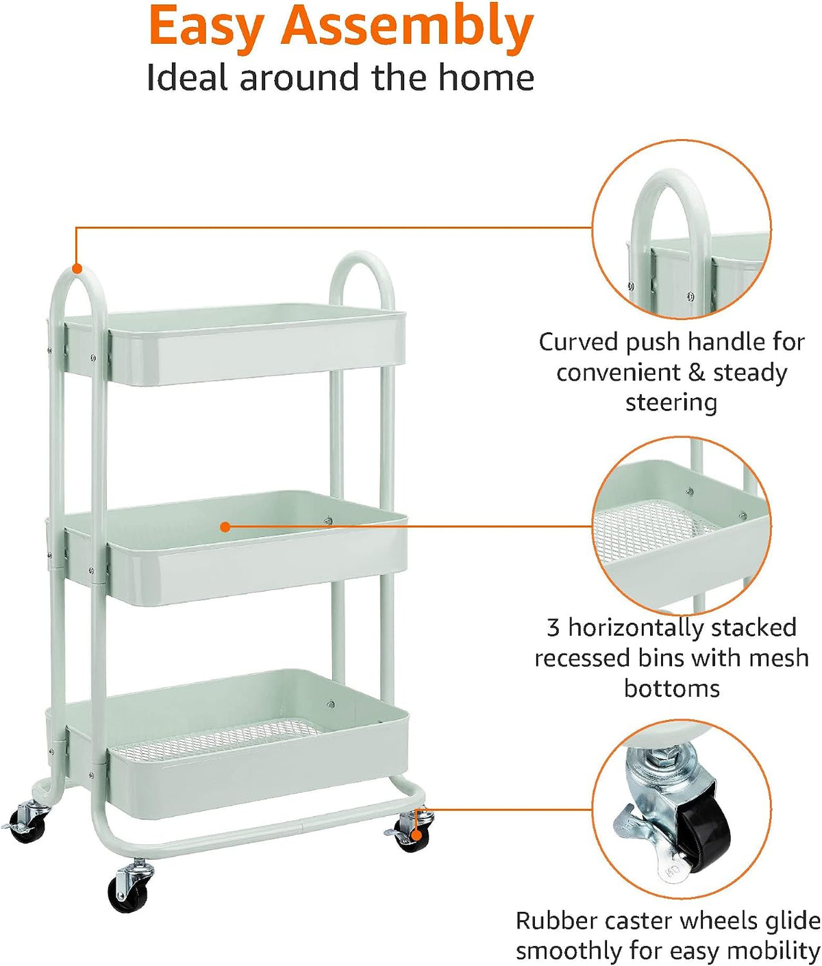 3-Tier Rolling Utility Cart, Storage Organizer, Lockable Wheels, Multifunctional Storage, Portable Mobile Shelving Unit, White