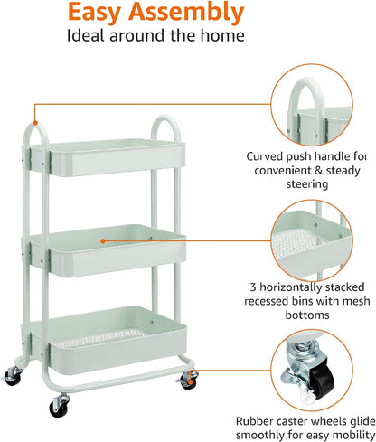 3-Tier Rolling Utility Cart, Storage Organizer, Lockable Wheels, Multifunctional Storage, Portable Mobile Shelving Unit, White