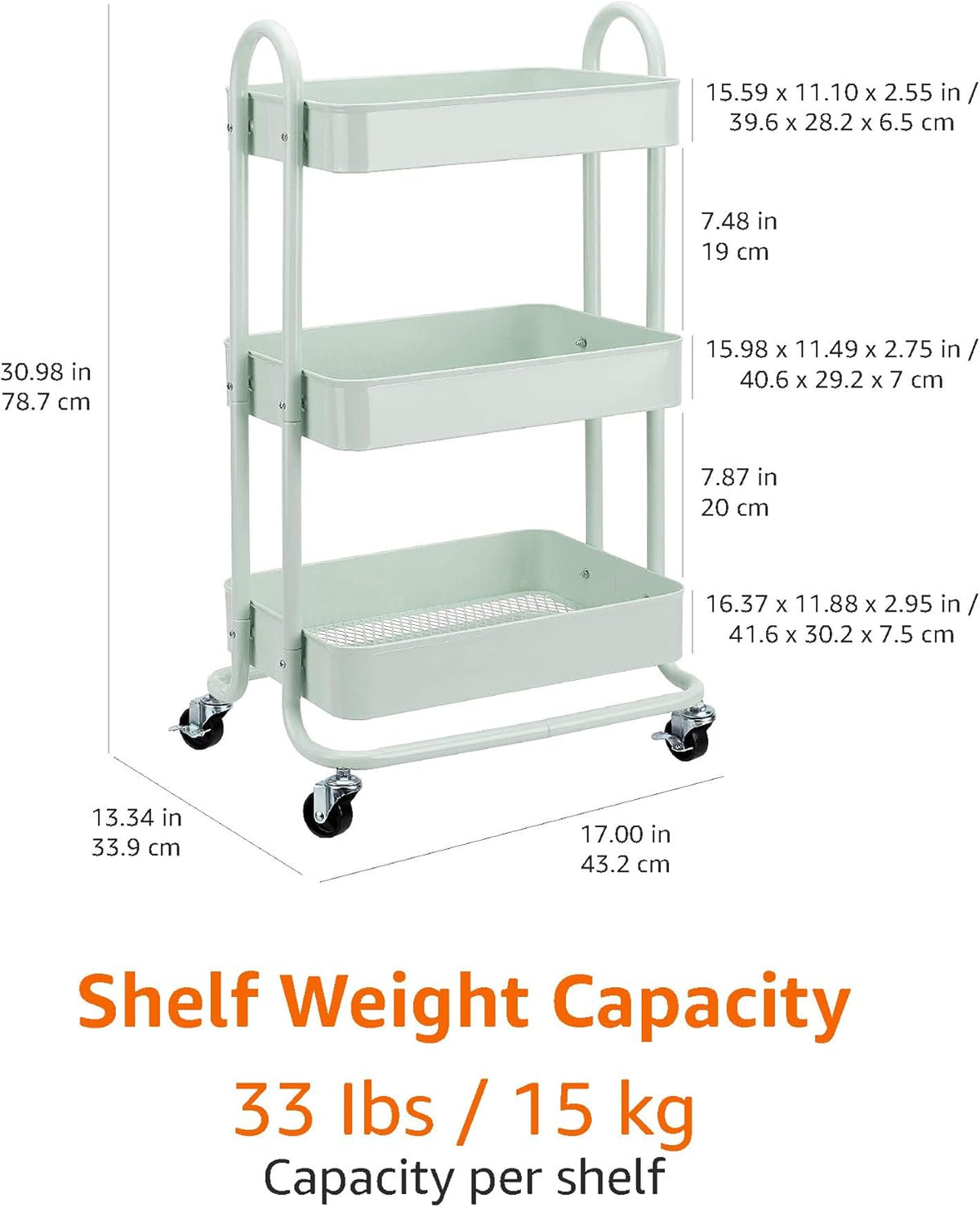 3-Tier Rolling Utility Cart, Storage Organizer, Lockable Wheels, Multifunctional Storage, Portable Mobile Shelving Unit, White