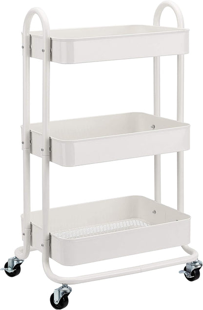 3-Tier Rolling Utility Cart, Storage Organizer, Lockable Wheels, Multifunctional Storage, Portable Mobile Shelving Unit, White