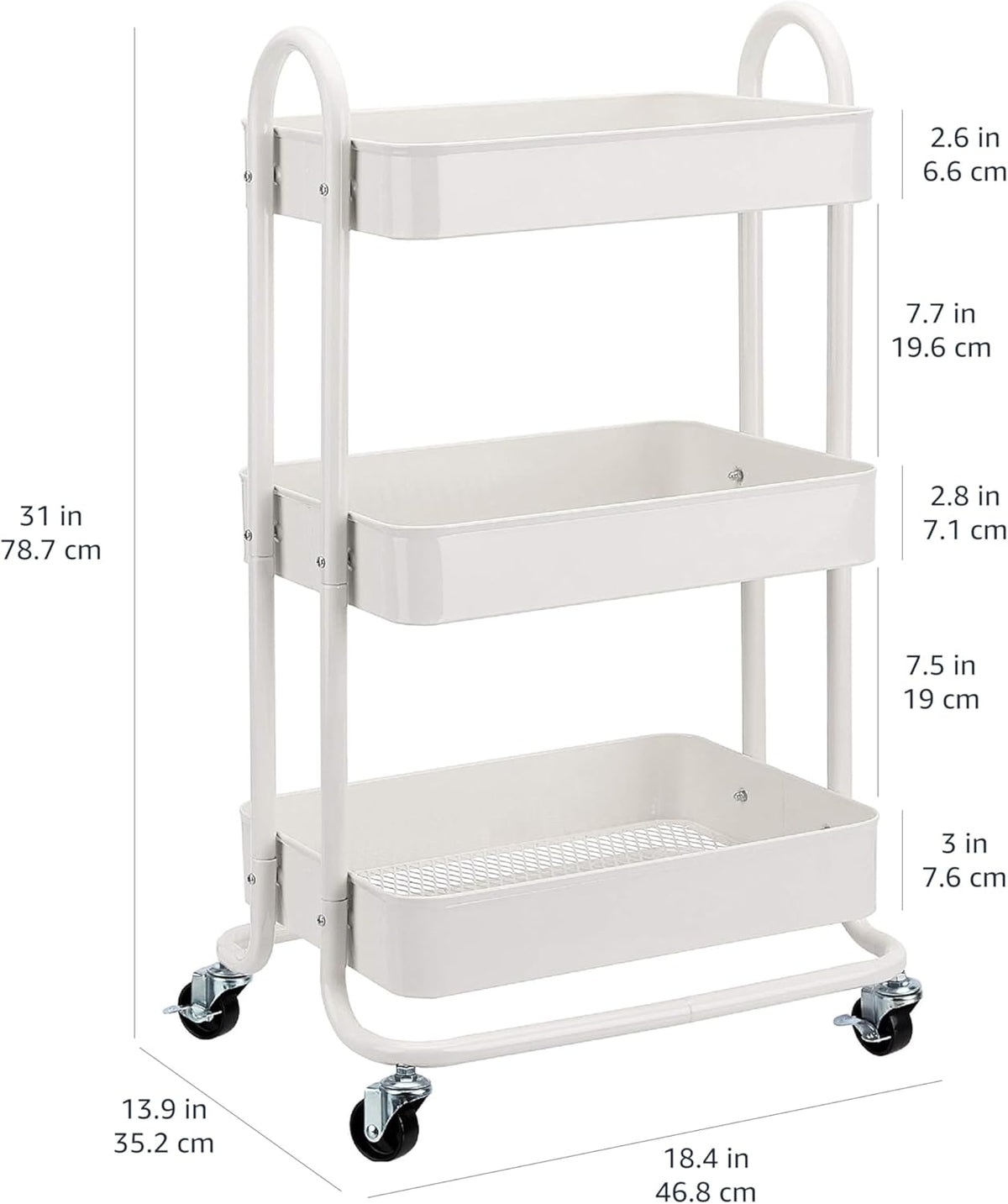 3-Tier Rolling Utility Cart, Storage Organizer, Lockable Wheels, Multifunctional Storage, Portable Mobile Shelving Unit, White