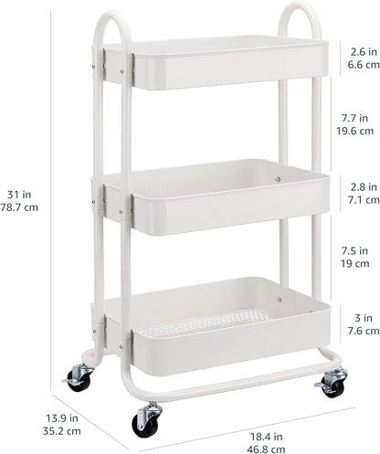 3-Tier Rolling Utility Cart, Storage Organizer, Lockable Wheels, Multifunctional Storage, Portable Mobile Shelving Unit, White