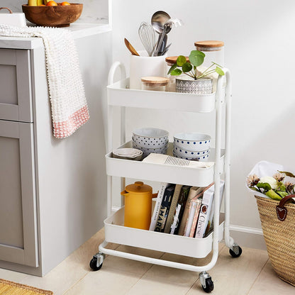 3-Tier Rolling Utility Cart, Storage Organizer, Lockable Wheels, Multifunctional Storage, Portable Mobile Shelving Unit, White