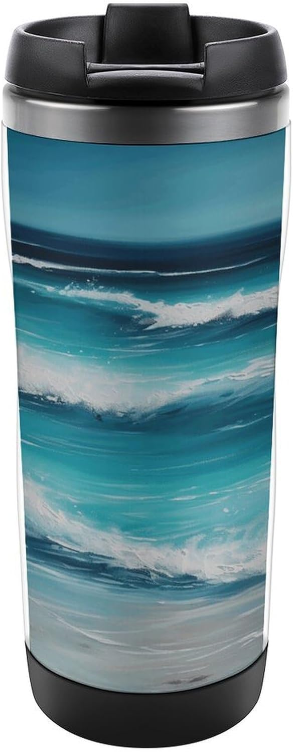 13oz Insulated Travel Coffee Mug Reusable Coffee Cup Water Bottle | Turquoise Beach Seascape Travel Mug with Leak Proof Lid Double Wall Stainless Steel Coffee Tumbler Personalized Gift