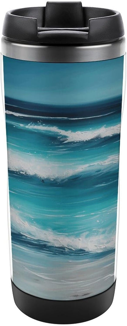 13oz Insulated Travel Coffee Mug Reusable Coffee Cup Water Bottle | Turquoise Beach Seascape Travel Mug with Leak Proof Lid Double Wall Stainless Steel Coffee Tumbler Personalized Gift