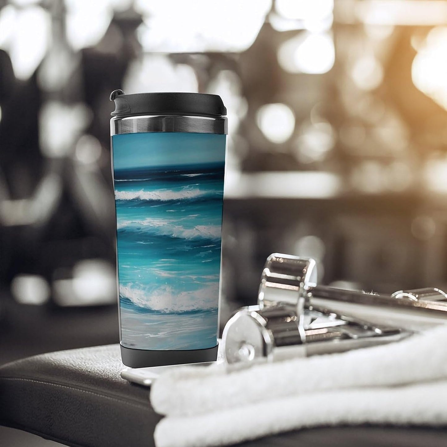 13oz Insulated Travel Coffee Mug Reusable Coffee Cup Water Bottle | Turquoise Beach Seascape Travel Mug with Leak Proof Lid Double Wall Stainless Steel Coffee Tumbler Personalized Gift