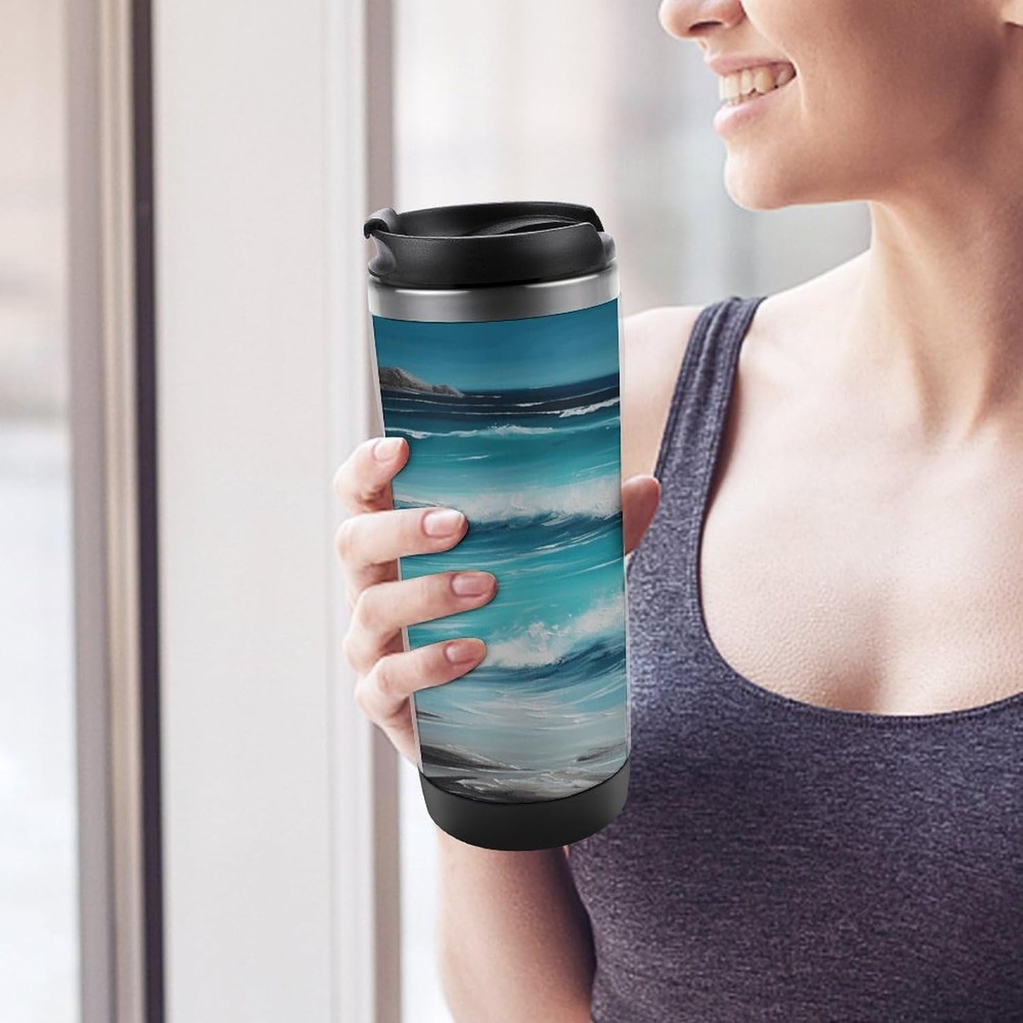 13oz Insulated Travel Coffee Mug Reusable Coffee Cup Water Bottle | Turquoise Beach Seascape Travel Mug with Leak Proof Lid Double Wall Stainless Steel Coffee Tumbler Personalized Gift