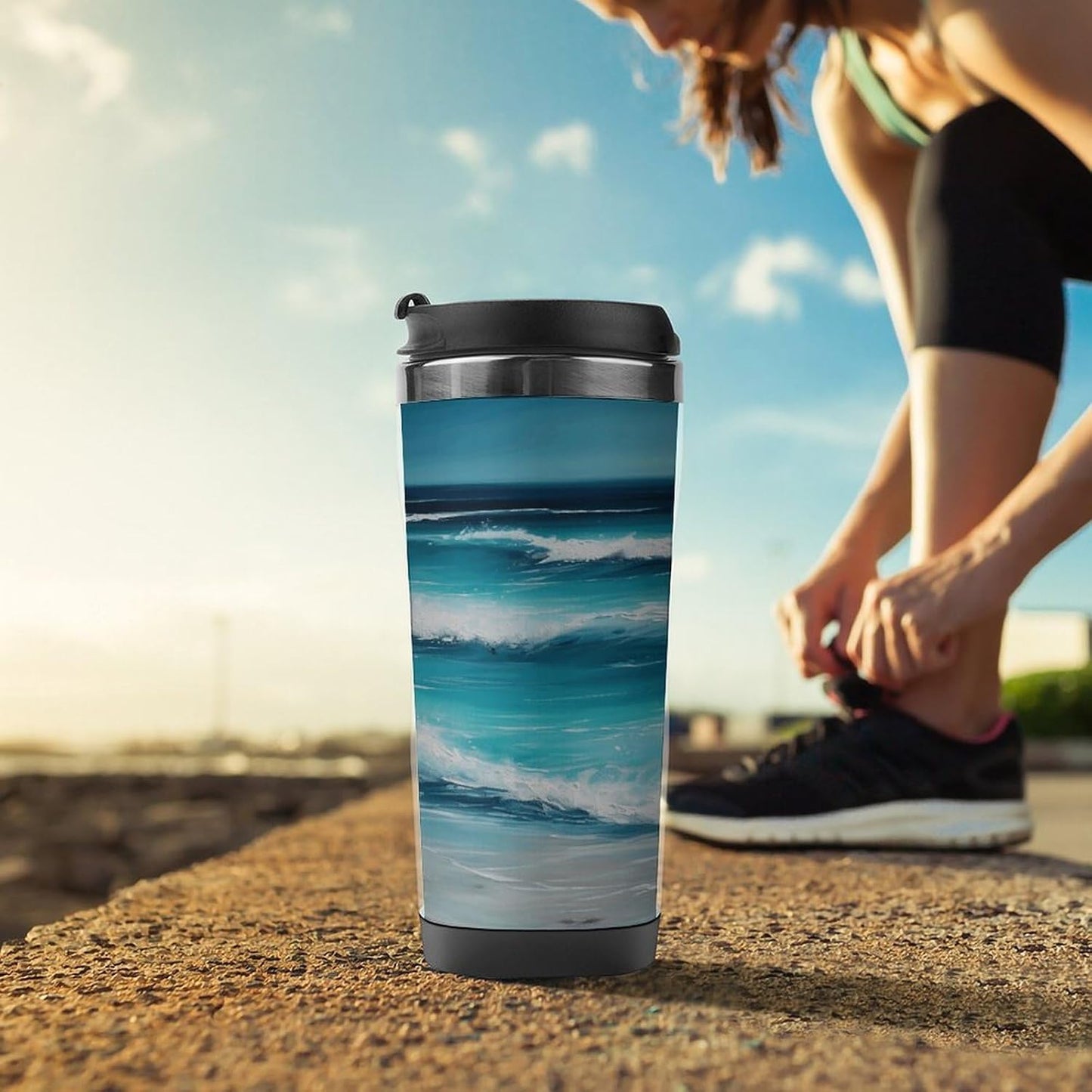 13oz Insulated Travel Coffee Mug Reusable Coffee Cup Water Bottle | Turquoise Beach Seascape Travel Mug with Leak Proof Lid Double Wall Stainless Steel Coffee Tumbler Personalized Gift