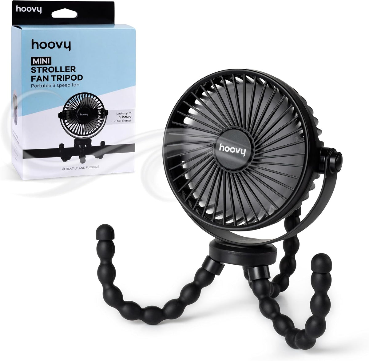 Stroller Fan with Flexible Tripod Legs – Portable Rechargeable Baby Fan, 360° Rotating Clip-On Fan for Stroller, Car Seat & Crib, 3-Speed Adjustable Cooling – Black