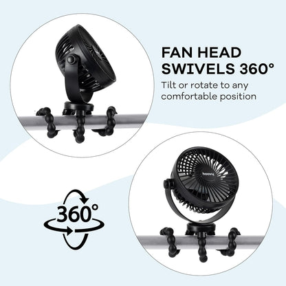 Stroller Fan with Flexible Tripod Legs – Portable Rechargeable Baby Fan, 360° Rotating Clip-On Fan for Stroller, Car Seat & Crib, 3-Speed Adjustable Cooling – Black