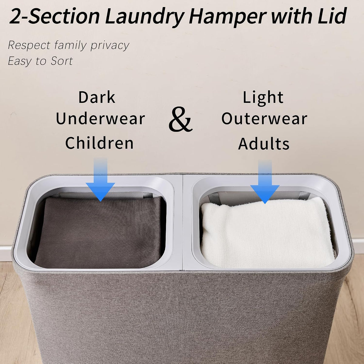 Laundry Hamper with Lid, 2 Compartment Sorter for Bedroom