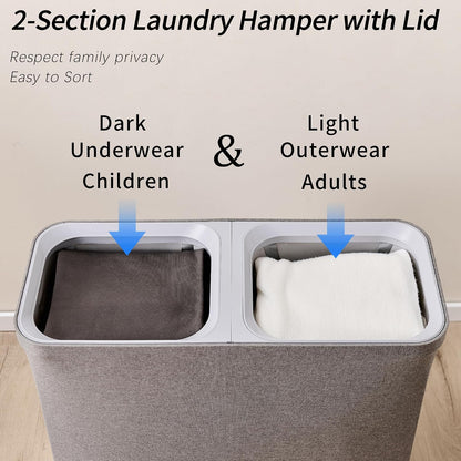 Laundry Hamper with Lid, 2 Compartment Sorter for Bedroom