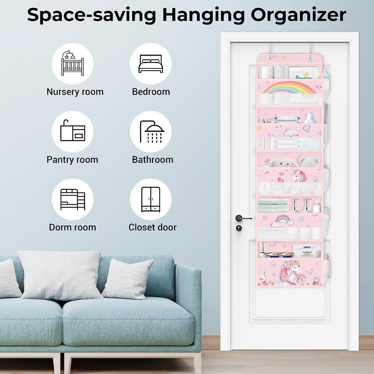 Over the Door Organizer Diaper Toy Nursery Hanging Shelf, Rainbow