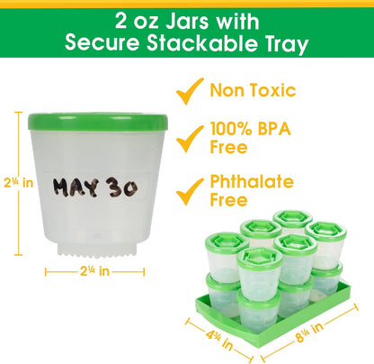 Baby Food Containers: Reusable Stackable Freezer Safe Storage Cups w/ Tray & Dry-erase Marker (Set of 12 - 2oz) BPA & PVC Free