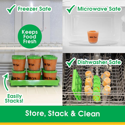 Baby Food Containers: Reusable Stackable Freezer Safe Storage Cups w/ Tray & Dry-erase Marker (Set of 12 - 2oz) BPA & PVC Free