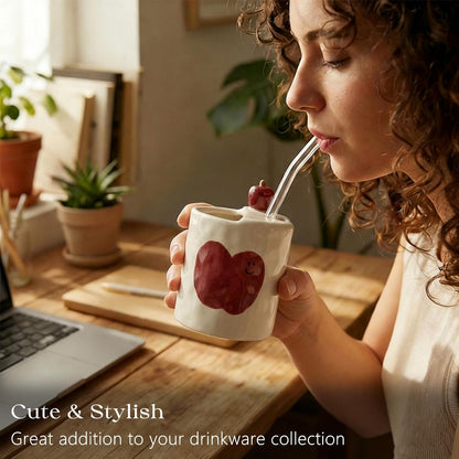 Ceramic Coffee Mug with Half Lid, 12oz Handmade Retro Striped Travel Mug, Minimalist To Go Coffee Cup for Home Office, Reusable Pottery Tumbler, Brown
