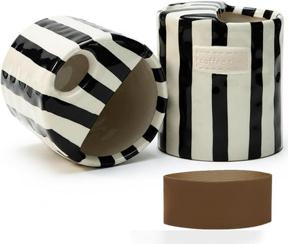 Ceramic Coffee Mug with Half Lid, 12oz Handmade Retro Striped Travel Mug, Minimalist To Go Coffee Cup for Home Office, Reusable Pottery Tumbler, Brown