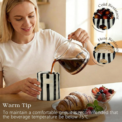 Ceramic Coffee Mug with Half Lid, 12oz Handmade Retro Striped Travel Mug, Minimalist To Go Coffee Cup for Home Office, Reusable Pottery Tumbler, Brown