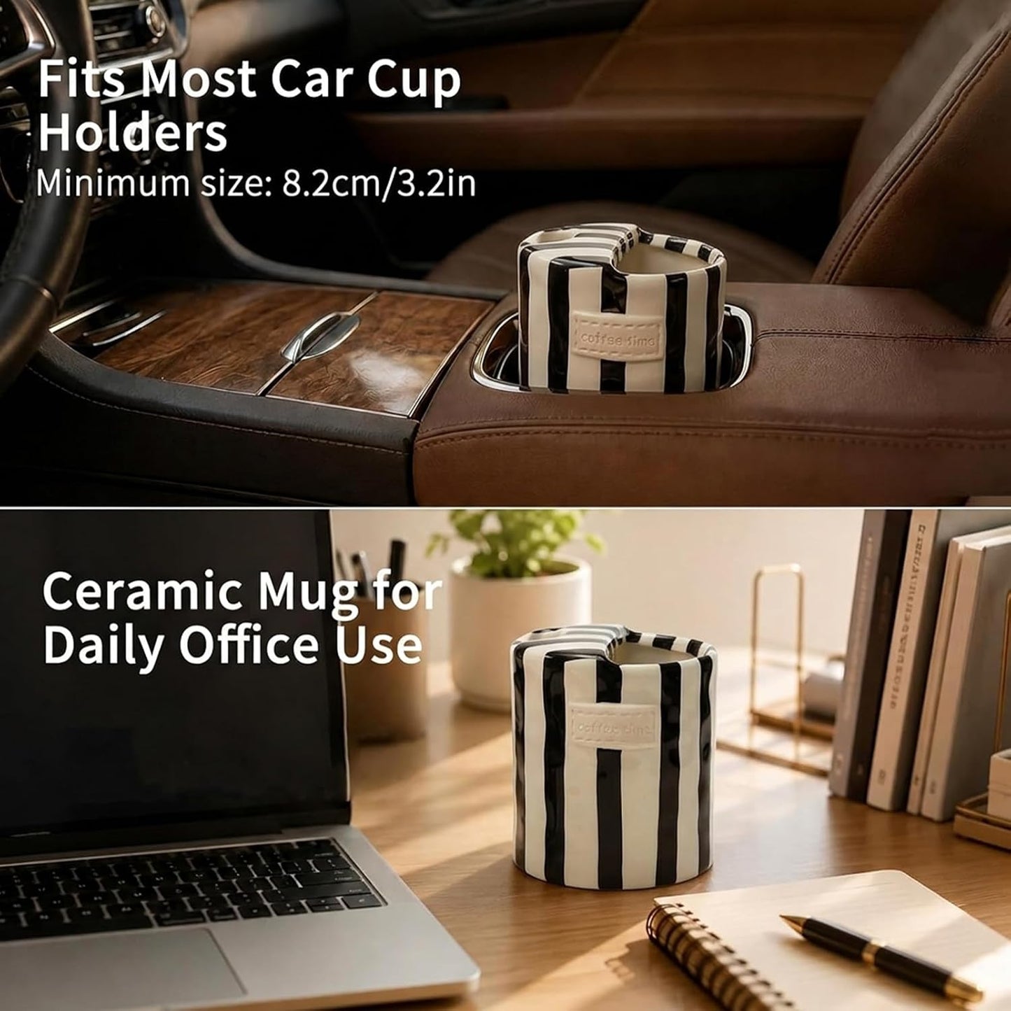 Ceramic Coffee Mug with Half Lid, 12oz Handmade Retro Striped Travel Mug, Minimalist To Go Coffee Cup for Home Office, Reusable Pottery Tumbler, Brown