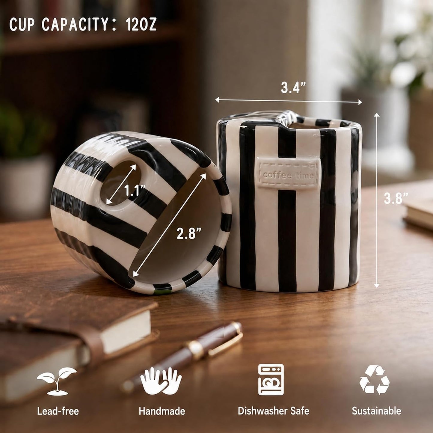 Ceramic Coffee Mug with Half Lid, 12oz Handmade Retro Striped Travel Mug, Minimalist To Go Coffee Cup for Home Office, Reusable Pottery Tumbler, Brown