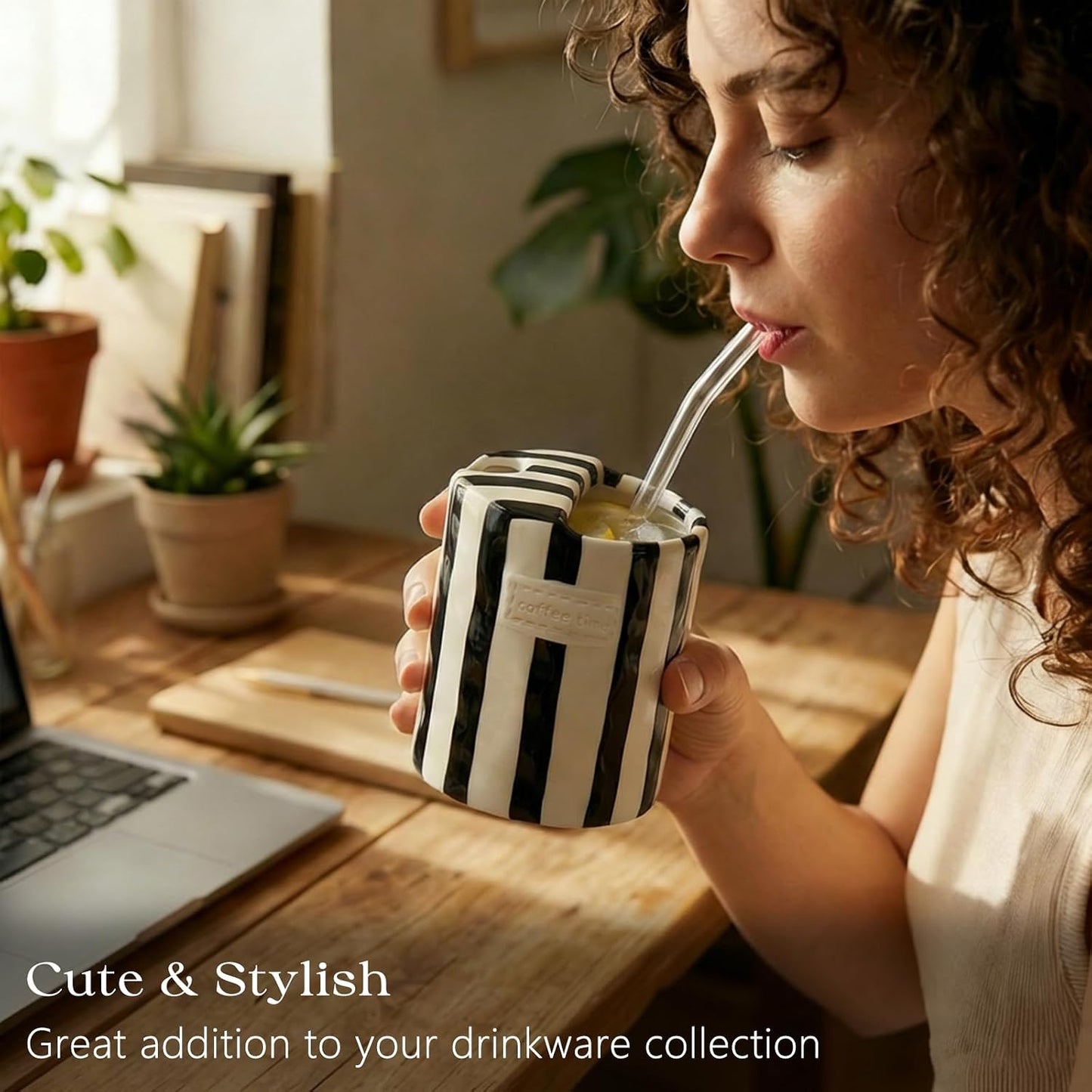 Ceramic Coffee Mug with Half Lid, 12oz Handmade Retro Striped Travel Mug, Minimalist To Go Coffee Cup for Home Office, Reusable Pottery Tumbler, Brown