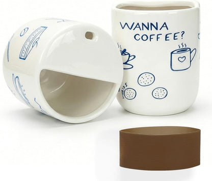 Ceramic Coffee Mug with Half Lid, 12oz Handmade Retro Striped Travel Mug, Minimalist To Go Coffee Cup for Home Office, Reusable Pottery Tumbler, Brown