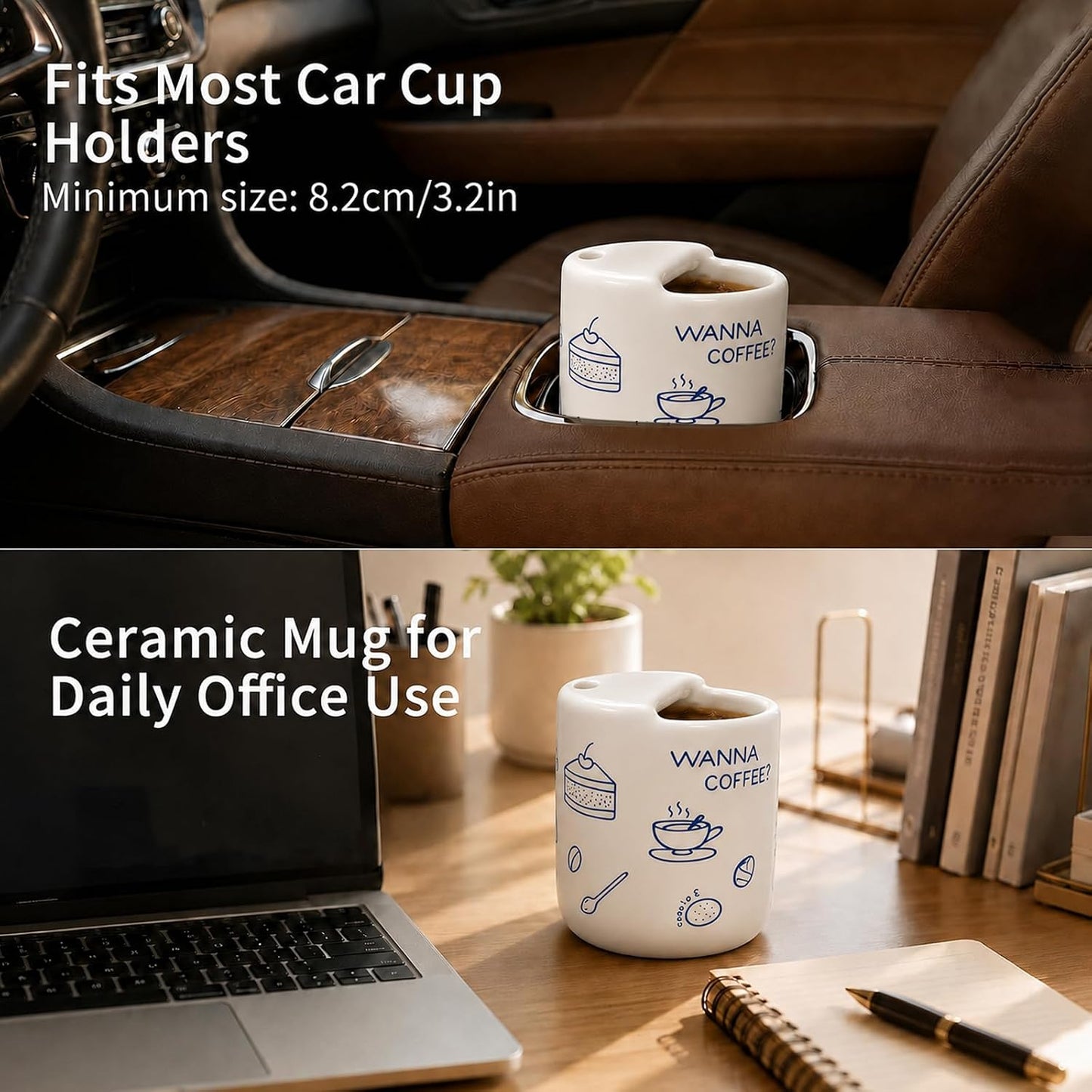Ceramic Coffee Mug with Half Lid, 12oz Handmade Retro Striped Travel Mug, Minimalist To Go Coffee Cup for Home Office, Reusable Pottery Tumbler, Brown
