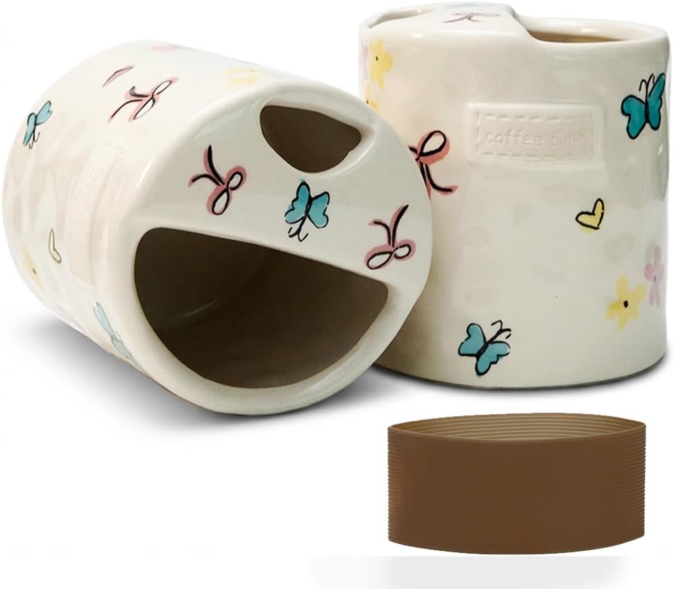 Ceramic Coffee Mug with Half Lid, 12oz Handmade Retro Striped Travel Mug, Minimalist To Go Coffee Cup for Home Office, Reusable Pottery Tumbler, Brown